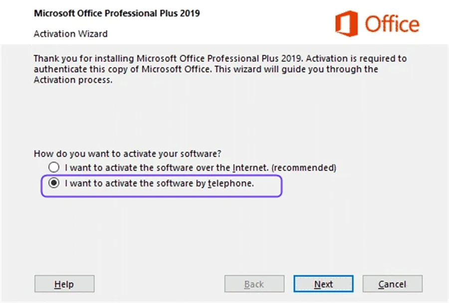 Office Activation Wizard with the telephone activation option selected