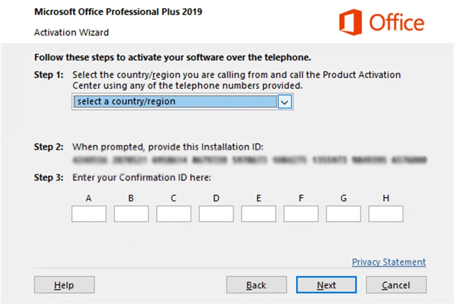 Office Activation Wizard showing the Installation ID at step 2 and the Confirmation ID boxes at step 3