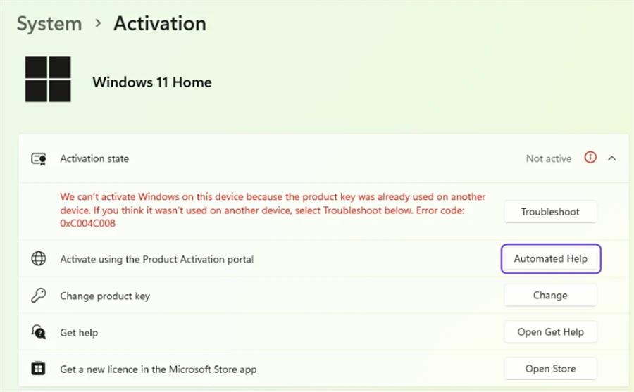 Windows activation settings with the Automated Help button highlighted