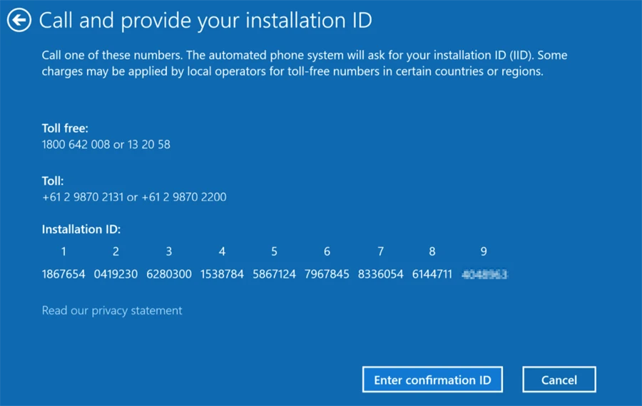 Windows activation screen showing the Installation ID in nine numbered blocks